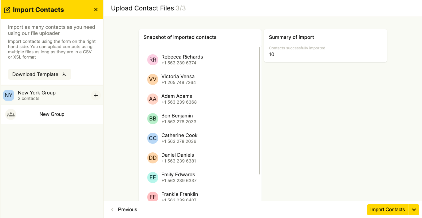 Screenshot to show the final stage of the upload contact files