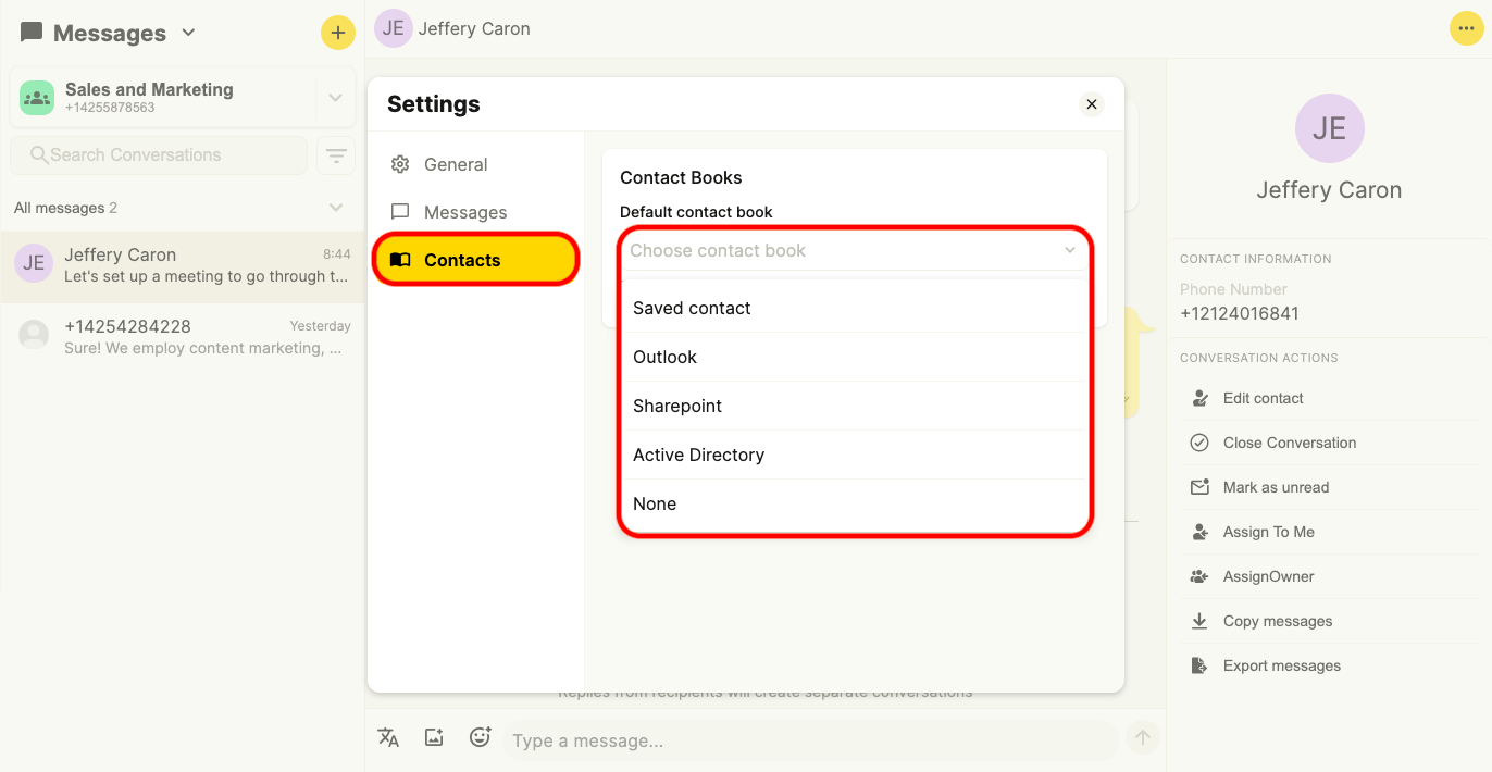 Screenshot to show the Contacts settings