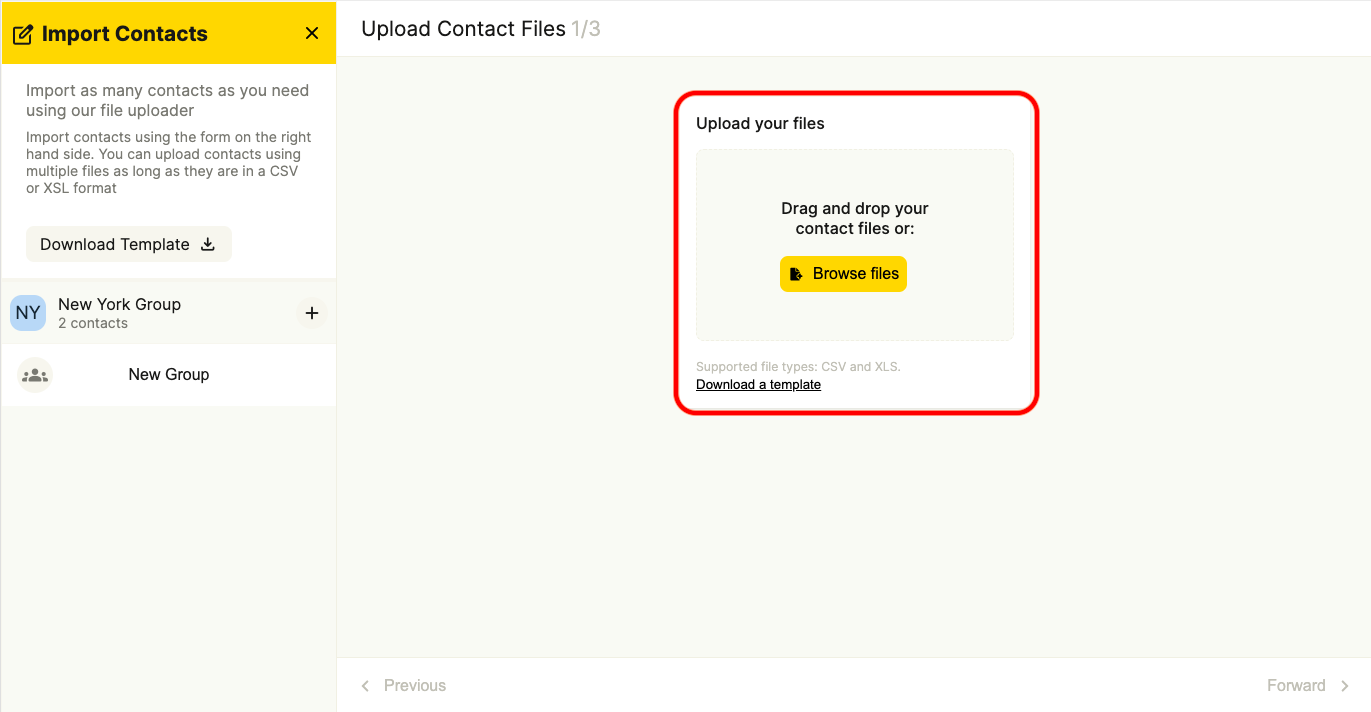 Screenshot to show the first stage of the upload contact files