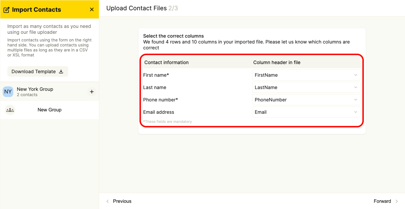 Screenshot to show the second stage of the upload contact files