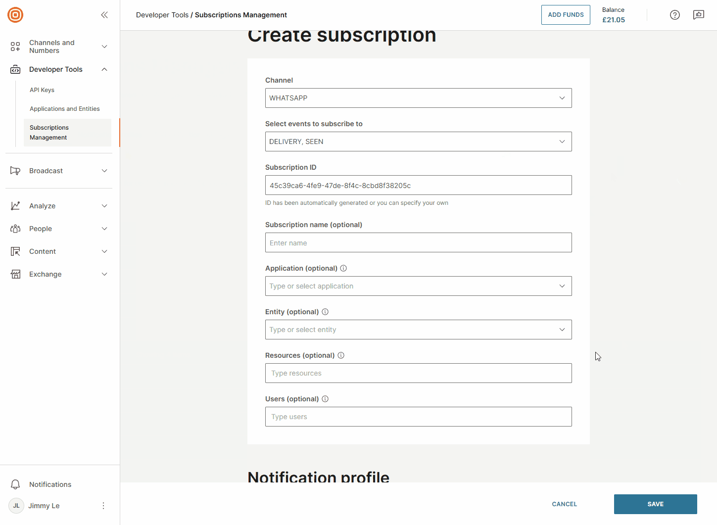 Video clip 3 showing creating WhatsApp subscription in infobip portal 