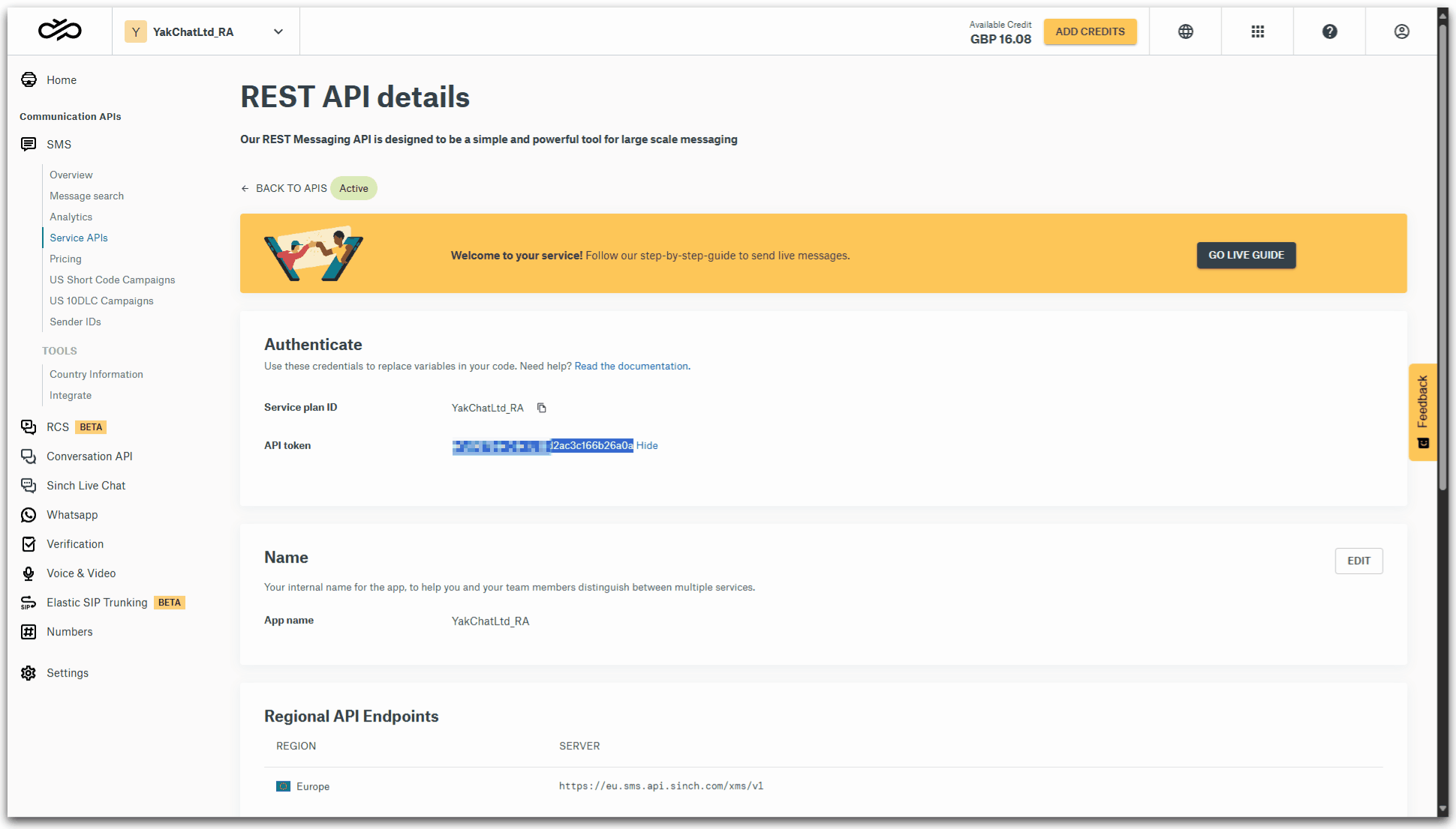 Video clip of SInch portal showing how to add the Regional API Endpoint URL