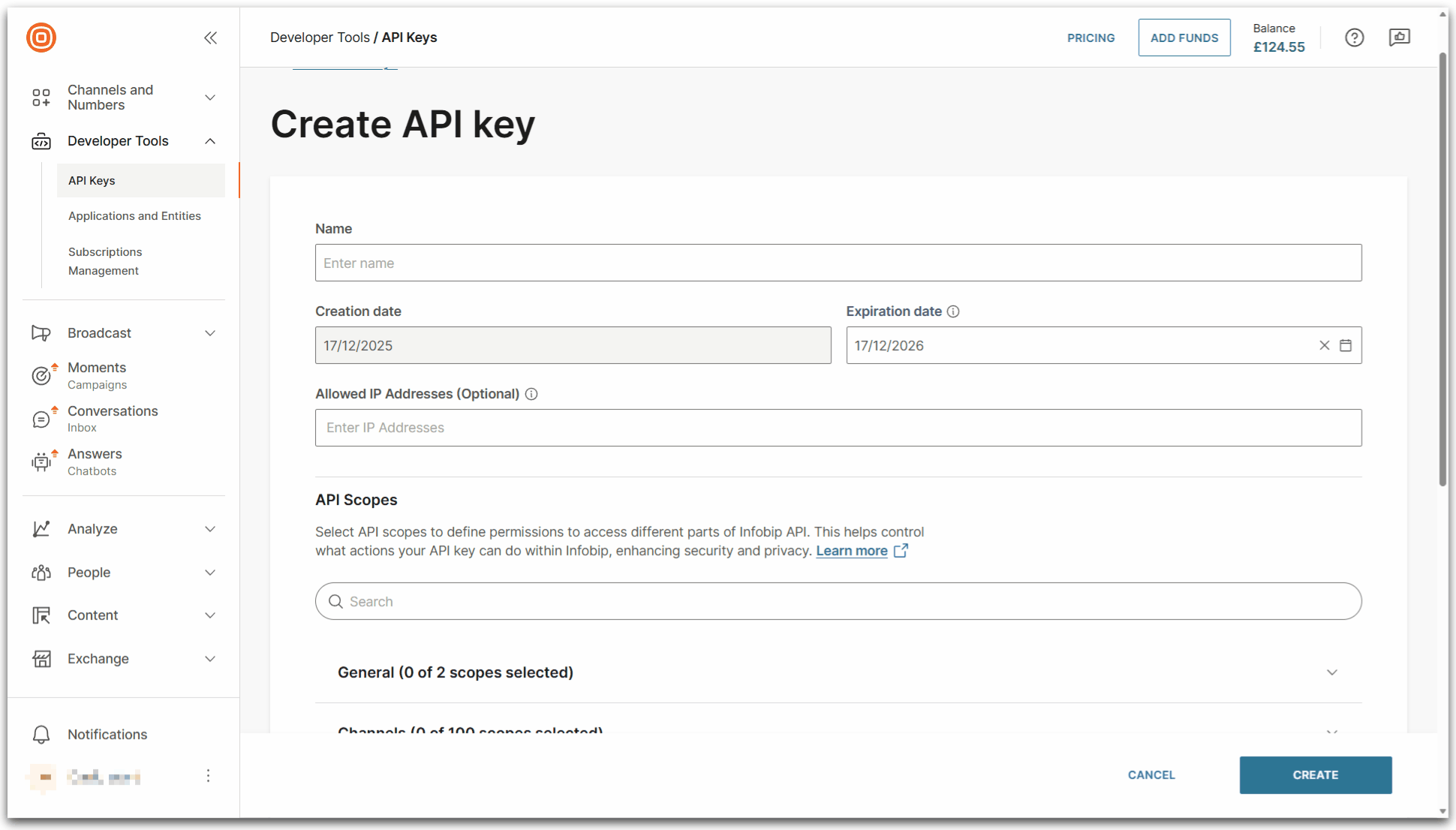 Video clip of infobip portal showing the creation of an API Key