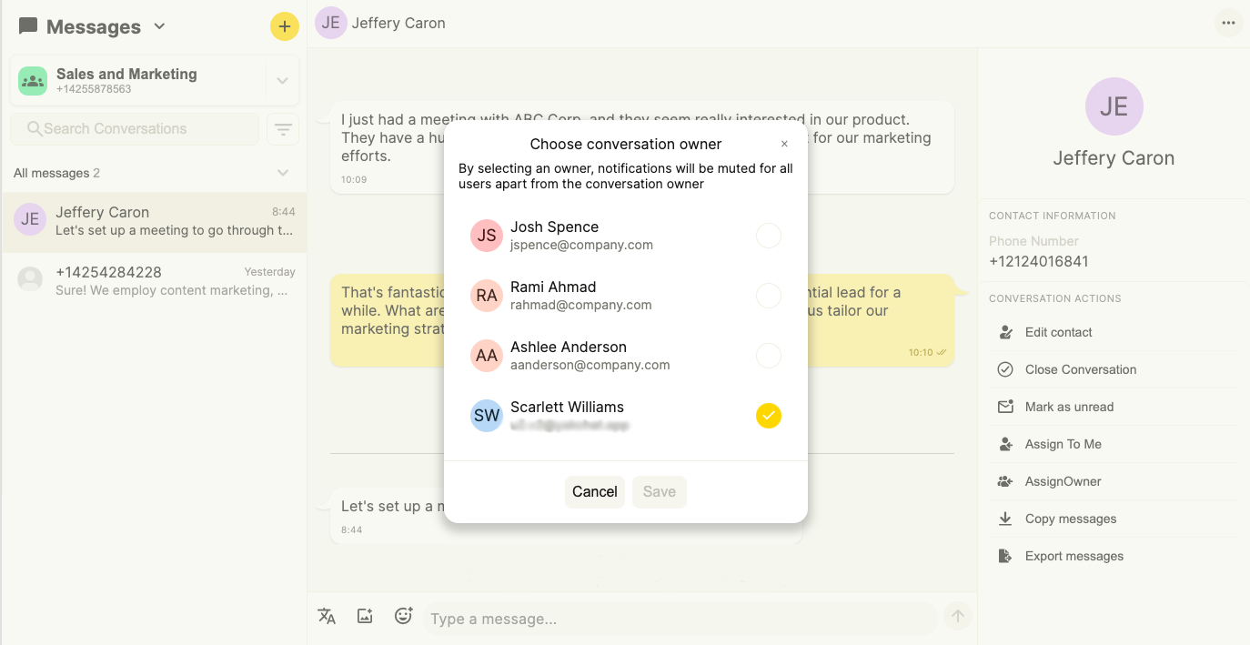Screenshot to show pop-up menu to select a conversation owner